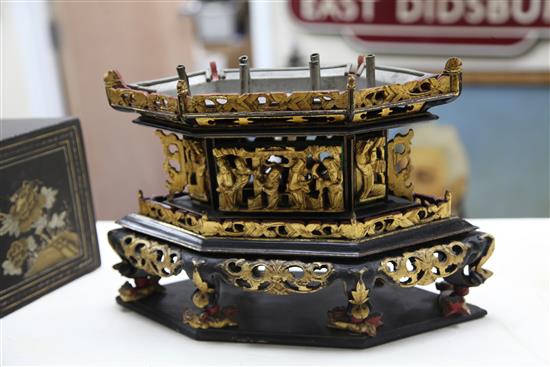 A Chinese gilt-decorated black lacquer portable altar stand, late 19th century, length 33.5cm